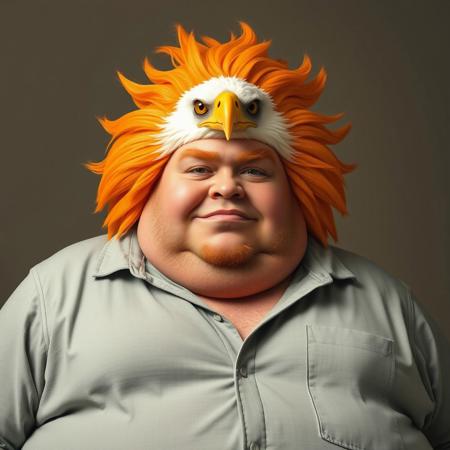 An obese orange man with an eagle for hair