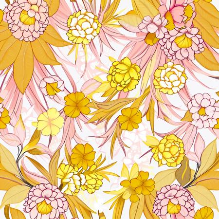 A yellow and pink pattern with flowers on white background <lora:pattern-000100:0.9>