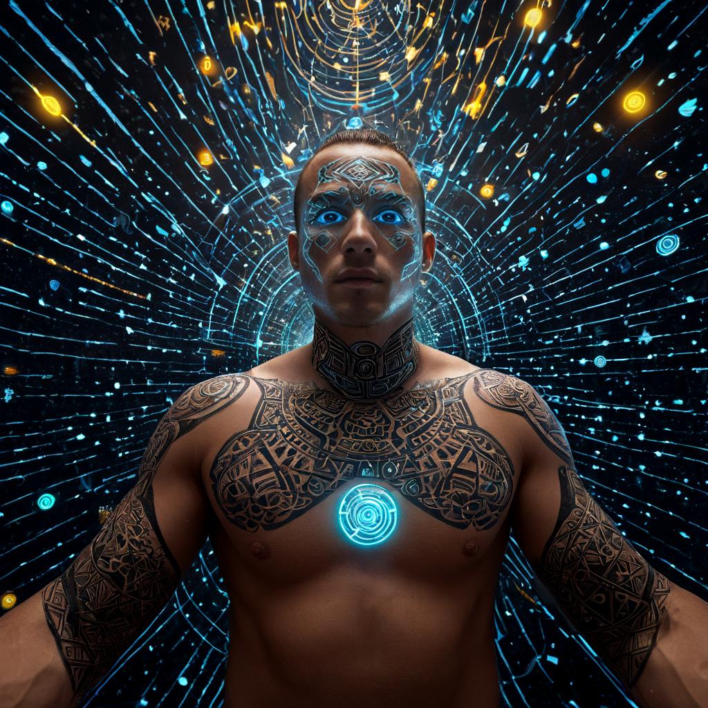 long shot scenic professional photograph of A surreal portrait of a man whose body is composed of constantly shifting, glowing symbols, each one a representation of an unknown language or ancient rune. His skin is a canvas for these symbols, which pulse and change, creating new patterns with every passing second. His eyes are glowing, blank orbs, filled with the same pulsing symbols. His hair is made of thin, glowing lines of energy, constantly rearranging themselves into new shapes. Behind him, the background is an abstract world of floating symbols and glowing hieroglyphs, all suspended in a vast, empty void., perfect viewpoint, highly detailed, wide-angle lens, hyper realistic, with dramatic sky, polarizing filter, natural lighting, vivid colors, everything in sharp focus, HDR, UHD, 64K