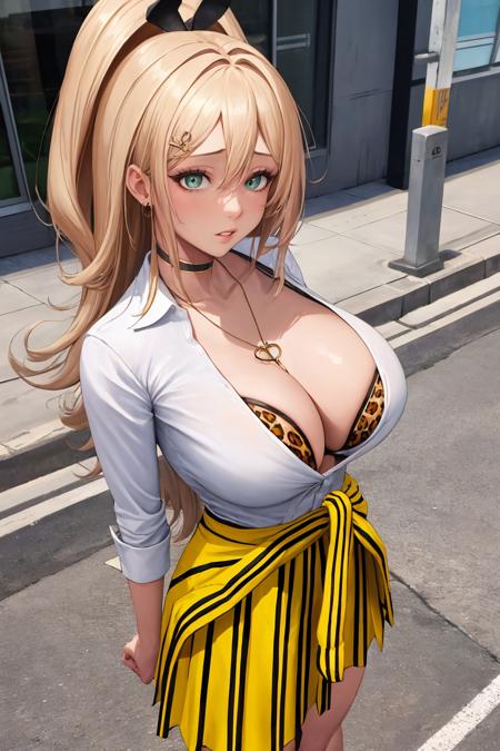 masterpiece, best quality, 1girl, solo, <lora:rupee-nikke-richy-v1:1> rupeedef, white shirt, skirt, hair ornament, hair clip, underwear, leopard print, cleavage, jewelry, choker, parted lips, standing, street, (fang:0.7), arms at sides, from above, clothes around waist