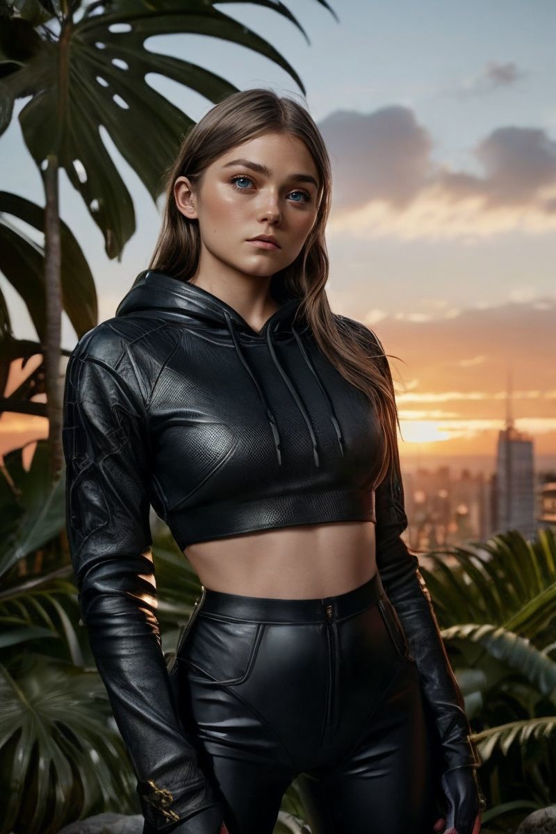 photo of S302_AlexClark,a stunning woman,in a (jungle:1.1),wearing a (hoodie:1.1) and (leather-pants),(sunset),(4k, RAW ph...