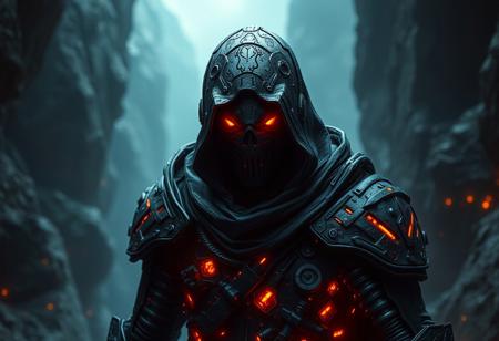 dark rugged realm, phantom warrior emerges from the shadows, clad in tattered black cyberpunk armor, etched with fiery orange circuitry, like a dark mechanical specter, The figure's face is shrouded in an impenetrable black hood, with only two blazing orange optics piercing the darkness, like hot coals from a malevolent forge, The armor is shifting and writhe like living darkness, with orange neon-like energy bleeding from the cracks,