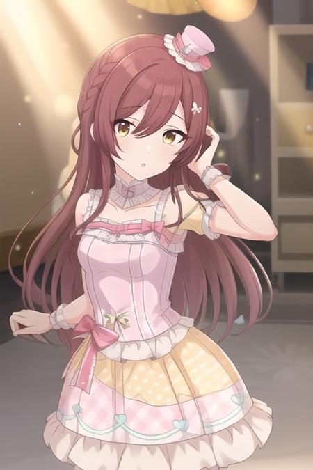 <lora:LegendGirls:0.80>LegendGirls, dress,(mini hat:0.9),yellow dress,purple dress, 
<lora:shinymas-v2.1:0.7>Osaki Tenka,long hair, brown hair, yellow eyes, bangs, hair between eyes, brown eyes, braid, sisters, 
masterpiece, best quality,1girl,medium breasts,