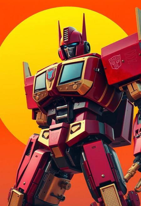 Red and gold transformer evil robot, cowboy shot photograph, with an orange and blue synthwave sun background. Slightly turned. Decepticon.
