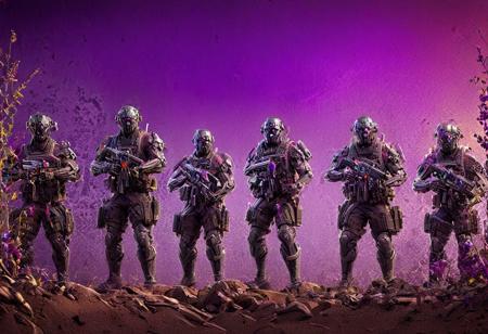 A group of elite mercenary warriors equipped with the latest weaponry and advanced technology, dressed in sleek, modern armor, ready for combat. They represent a diverse range of specialties including (((three riflemans, one medic, one machine gunner, one sniper, one battle mage, and one engineer.))) They stand together in a dynamic composition, each figure poised in a distinctive action pose, with a colorful, detailed background that complements their advanced equipment. Masterpiece, high quality, colorful background, different poses, different armor, different weapons, action poses, 4k, grenade launcher, machine-gun, assault rifle, sniper rifle, purple colors