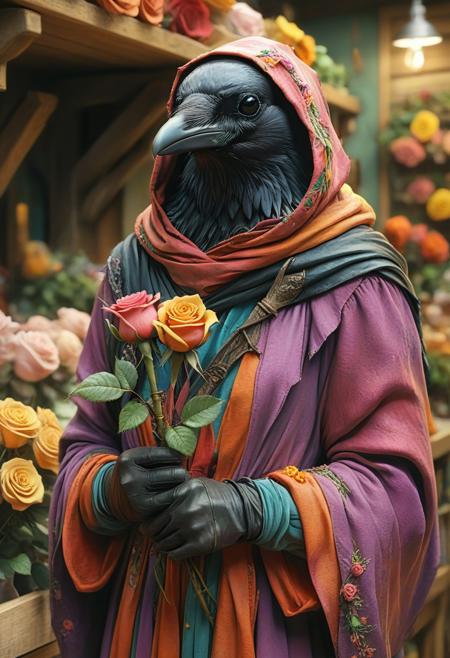 corvidfolk, holding a rose, colorful robes and hood, realistic, flower shop background