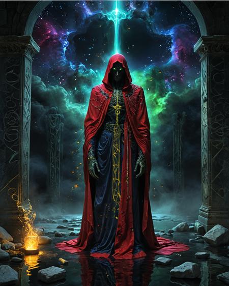 lich standing before a marble crypt, water, reflections, blood, realistic photo, hard science fiction, technology,  satin robe, deepest black space, stars, colorful nebula, glowing runes, brilliant color, scarlet, indigo, crimson, yellow, green, <lora:add-detail-xl:0.75>,  <lora:xl_more_art-full_v1:0.5>   , ziprealism,   <lora:sdxl_lora_beksinski:0.7> b3ks1n