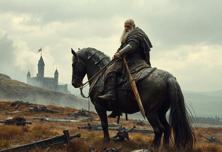 Old warrior sitting on massive horse, large old man, muddy, scarred, dented armor, sad horse, mist, , weary head down in weariness and sadness, sword hanging by his side, castle in the distance, tired after great battle, last man alive, amor, beard, silhouette, raining, hill, after a great battle, debris of battle strewn around the hill, sweeping background landscape, storm clouds in the distance, muted colours, grassland, foot hills, eldritch landscape, armor, heavy swords, dead bodies, blood in the mud, fantasy art, medieval
