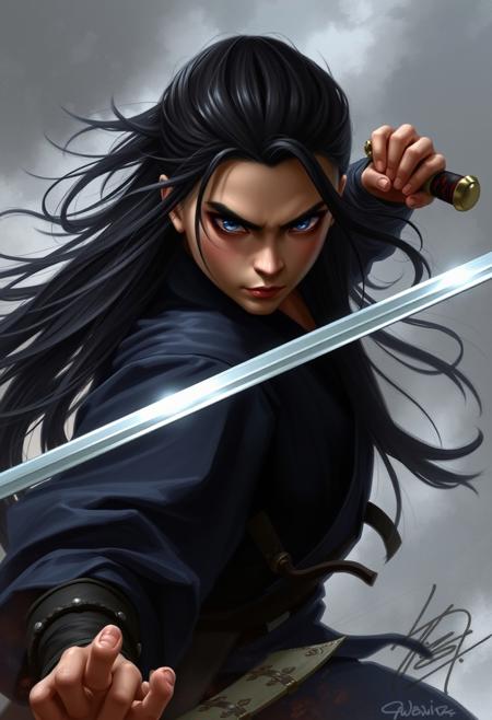 . This is a digital painting in a dynamic, realistic style, depicting a fierce, young warrior with long, flowing black hair and intense, piercing blue eyes. yuyu with a pale complexion, dressed in traditional East Asian warrior attire consisting of a dark, high-collared robe that flows dramatically with the wind, enhancing the sense of motion. He holds a katana sword in his right hand, which is poised for attack, its blade shimmering with reflected light. The background is a chaotic mix of swirling, dark smoke and light, suggesting a battle or intense conflict. The overall color palette is dominated by dark grays, blacks, and blues, with subtle highlights that bring out the texture and depth of the subject's clothing and hair. The artist's signature,adding a touch of authenticity to the piece. The image conveys a sense of danger, strength, and determination, typical of martial arts and fantasy genres.