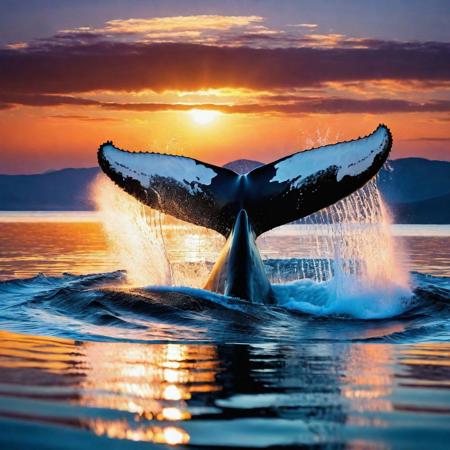 a stunning high-resolution image of a humpback whale in mid-strait, water
splashes reflecting sunlight at sunset, wispy clouds and realistic water reflections