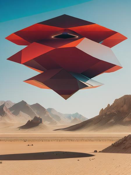 <lora:BeepleMikeWinkelmann:1>a strange looking object in the desert with mountains in the background and a sky background by Beeple Mike Winkelmann