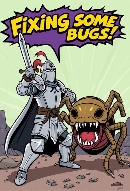 A comic-style illustration featuring a knight in shining armor wielding a sword, bravely battling an oversized beetle monster that is baring its teeth menacingly. The knight is striking a dramatic pose, while the beetle is rearing up aggressively. Above the scene, in a playful comic font, the text reads: "Fixing some bugs."