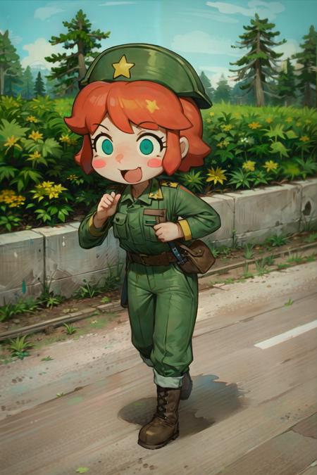 1girl, solo, military, military uniform, uniform, helmet, blush stickers, boots, red hair, full body, smile, open mouth, short hair, :3, brown footwear, walking, hat, long sleeves, :d, running, chibi, standing, blush, green pants, ankle boots, party hat, clenched hand, medium hair, pants, nature, trees