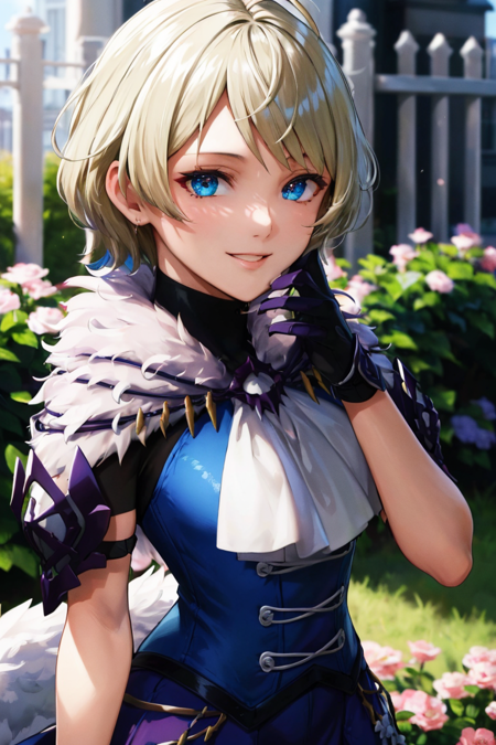 (highly detailed:1.3),
merrin fe, looking at viewer, smile, short hair, skirt, flower, ahoge, outdoors, black gloves, blurry, ascot, blurry background, grass, fence, 
Ultra-detail,(highres:1.1),best quality,(masterpiece:1.3),cinematic lighting,
(highly detailed face and eyes:1.3),