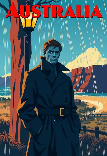 A mysterious figure in a trench coat, standing under a streetlamp in the rain, their expression caught between longing and suspense, blending  vintage drama with  contemporary storytelling., vintage travel poster, Australian landscapes, bold and vibrant colors, simplified forms, idyllic scenery, Art Deco influence, stylized natural beauty, clear blue skies, inviting beaches, rustic countryside, cheerful atmosphere, nostalgic appeal, classic typography, promotional art, warm and sunny