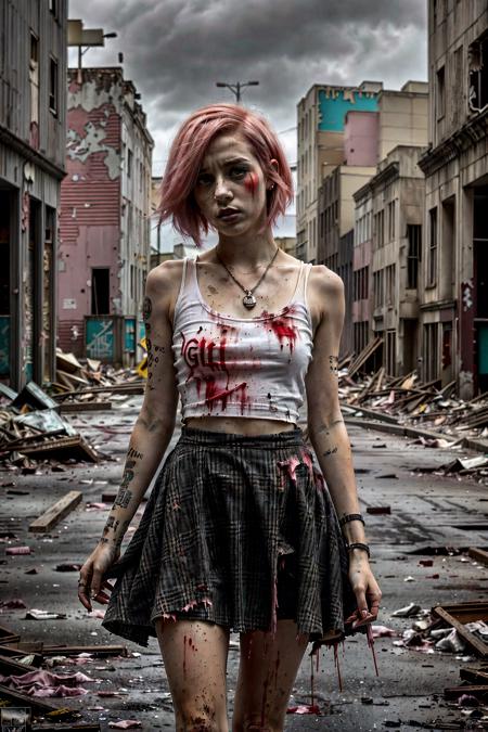 detailed, high quality, 1woman, mature, short pink hair, bleeding, white camisole, plaid skirt, gloomy abandoned street, post-apoc <lora:blood:-0.2> <lora:hairdetailer:0.7> <lora:ApocalypseEngine2:0.4> <lora:abandoned_style:0.4>