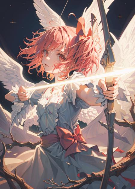 drawing bow,, masterpiece,1girl,kaname madoka ,ultimate madoka ,very long hair, wings,space,branch bow,shining light arrow <lora:Saya-drawing bow:1>