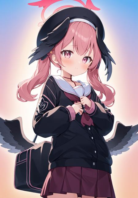 breathtaking, 
koharu \(blue archive\), koharu \(blue archive\), 1girl, solo, head wings, blush, halo, twintails, black wings, skirt, rifle, sleeves past wrists, looking at viewer, black headwear, beret, @ @, sailor collar, school uniform, feathered wings, neckerchief, long sleeves, winged hat, cloud
 . gorgeous,key visual, vibrant, studio anime,award-winning, professional, highly detailed,high budget, cinemascope <lora:ShimoeKoharu_v2:1>