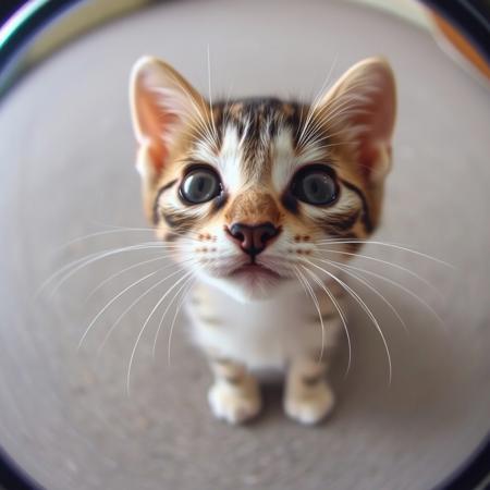 a cute kitten looking at the fisheye lens fx,fele