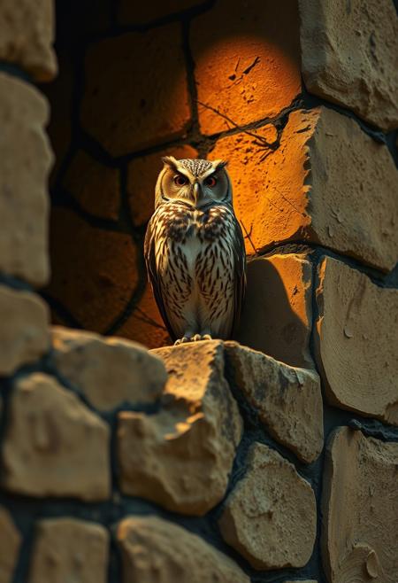 Natural earth tones, chiaroscuro lighting, owl on stone wall. Heidelberg School, Art Nouveau, film noir style. Soft focus, depth of field, mixed media. 1970s aesthetic, hard paint and fabric edges, soft wet strokes. Burnt wood and fabric elements. Classic-neo burnt paint impressionism. Red-orange, brown, yellow, soft pastel colors.