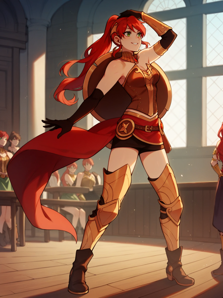 PyrrhaNik0s, 1girl, red hair, long hair, ponytail, green eyes, athletic female PyrrhaHuntress, bracers, boots, elbow gloves, leg armor PyrrhaSchUnif, school uniform, thighhighs, plaid skirt, jacket, black legwear PyrrhaDanDres, red dress, shoes, sleeveless PyrrhaPjms, orange pajamas, pants