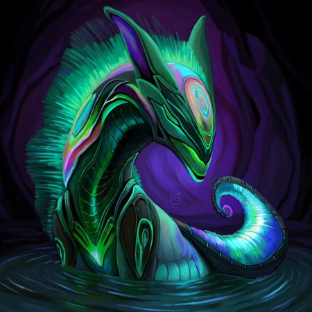 Alien, dog, fox, water-made ears, fire-made tail, intricate detailing, vibrant colors, unique patterns, textures, iridescent hues, deep blues, radiant purples, shimmering greens, fantastical creature, otherworldly beauty, extraterrestrial elements, familiar features.