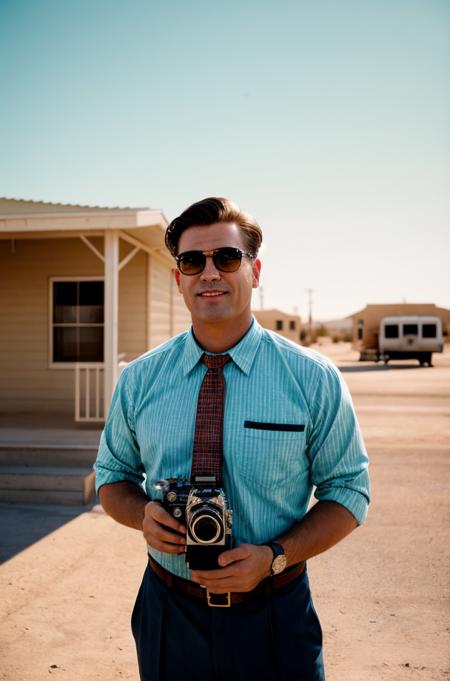 Portrait Photo of a American man, age 35, dressed in 1950s attire, holding a vintage camera, standing against the backdrop of a mid-century American desert town,open sky above, from a wide angle,shot on Kodak Brownie,Cinestill 800T,film grain  <lora:add_detail:0.7>
