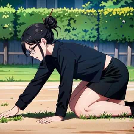 Jadehitman single hair bun,long sleeves,hair stick,black shirt,pencil skirt,pantyhose,glasses