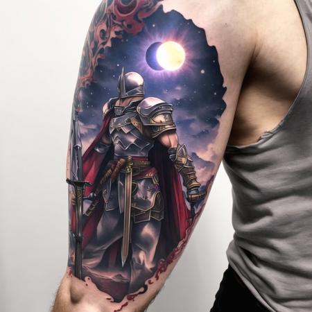 <lora:bodytattoo:1> , bodytattoo, tattoo of, arm tattoo,   armor, cape, demon, male, reflection, solar eclipse, solo, sword, weapon