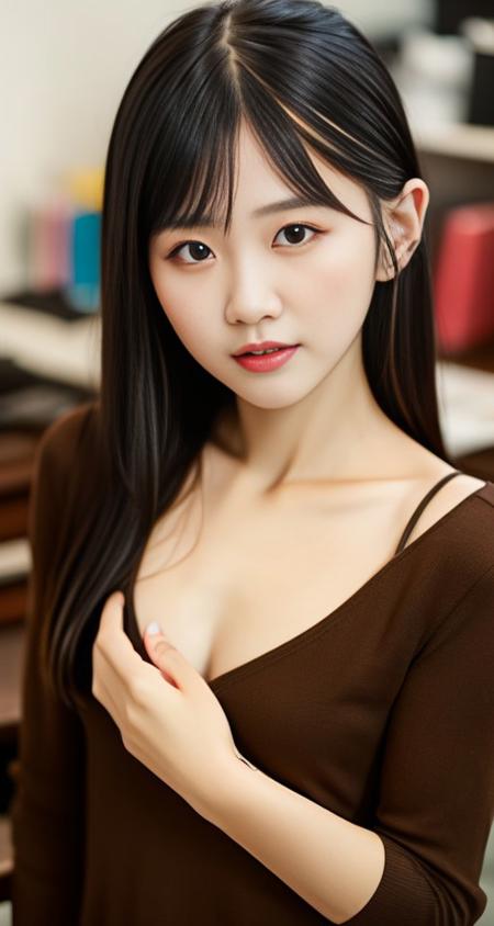 (best quality), (masterpiece), (1girl), solo, chinese girl, <lora:rio_igawa2:0.85>, 20yo, 8k protrait photo, 3/4 shot, depth of field, black suit, (office), brown hair, ultra-detailed,  good anatomy, beautiful detailed eyes, photography, bokeh, small breast