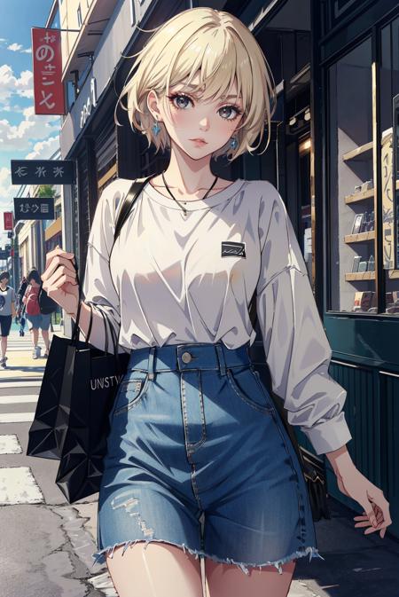 (masterpiece), (best quality), (official art, extremely detailed CG unity 8k wallpaper), (highly detailed), ((absurdres)), sfw, mature female, bad-girl, casual streetwear, artist, from the front, slender, slim waist, ivory skin, shopping, mall, <lyco:GoodHands-beta2:1.0>,  <lora:badgirl-test-lora-wdvae:0.4>