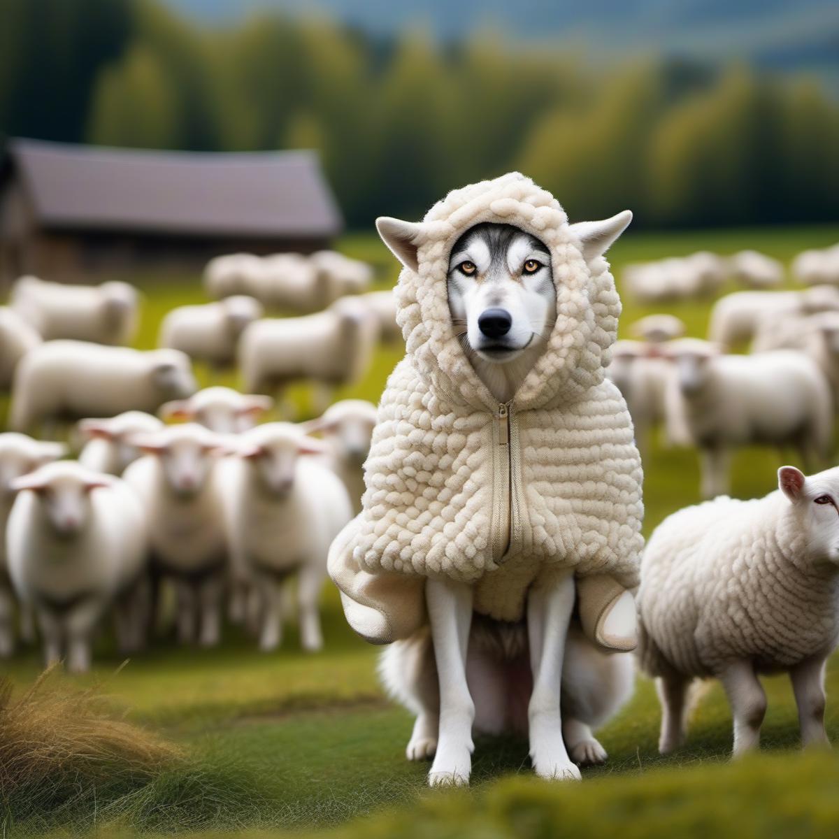 A dog wearing a white coat and hat, surrounded by a herd of sheep.