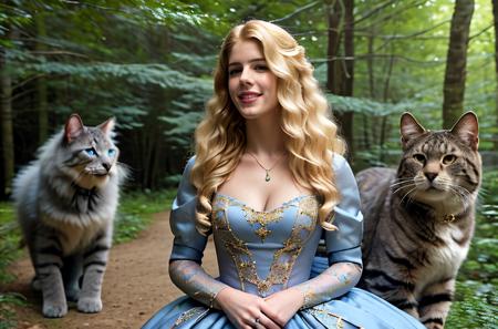 Professional photograph of a woman next to a giant cat, they're in a magical ethereal forest, sunny day, magical realm with floating lights.
BREAK Professional photograph of a giant gray cat, he's cute, blue eyes, <lora:md_20230912225623:0.75> photo_focus
BREAK Professional photograph of  <lora:[CA]_-_Emily_Bett_Rickards:0.8> mt-emilybett, she's got long blonde hair, she's facing the viewer, she's wearing a princess' forest, blue dress with golden details, highly detailed dress, puffy sleeves, jewelry, she's a medieval fantasy magical princess, cleavage, she has long loose hair, blue eyes, pink lipstick, soft makeup. She's smiling at the viewer, gently. Fit body, small chest. She's in a magical forest, green trees, ethereal, animals in the background  <lora:picxer_realdetailer:0.75> <lora:MedievalFashion:0.75> medfa