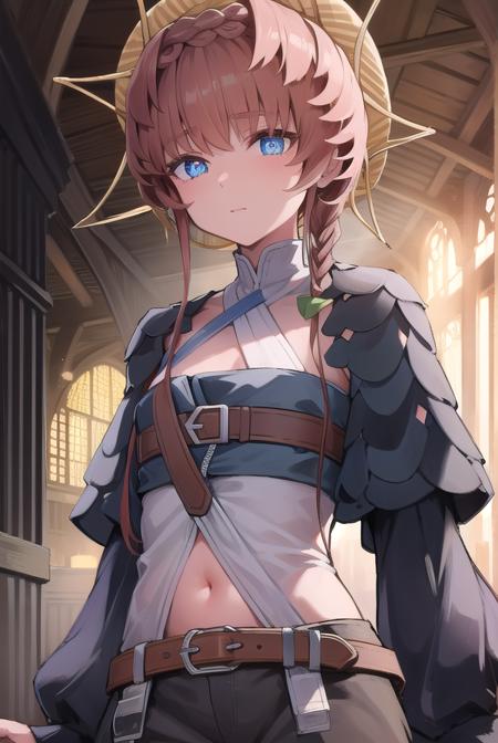 van gogh, blue eyes, braid, brown hair, crown braid, side braid, belt, black sleeves, blue overalls, buckle, clothing cutout, flower, navel, navel cutout, orange headwear, overalls, puffy sleeves, striped, striped headwear, sunflower, zipper pull tab,