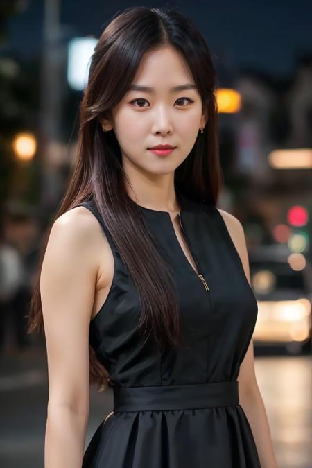 mature, ((upper body:1.2)), nikon RAW photo, 8 k, long hair, Fujifilm XT3,masterpiece, best quality, realistic, photorealistic, ultra detailed, extremely detailed face, solo,1girl, standing, close up, black dress, walking, at the dark streets, moonrise, sleeveless, fabric clothes,<lbm=FACES>