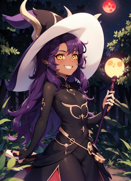 <lora:LuzNocedaTitan-02:0.85>, LuzNocedaTitan, 1girl, yellow eyes, black headwear, grin, hat, black hat, witch hat, purple hair, smile, solo, brown skin, black sclera, forest, night, red moon, dark,  solo, staff, styleThwlhs, fur, body fur, horns, fangs, covered skin