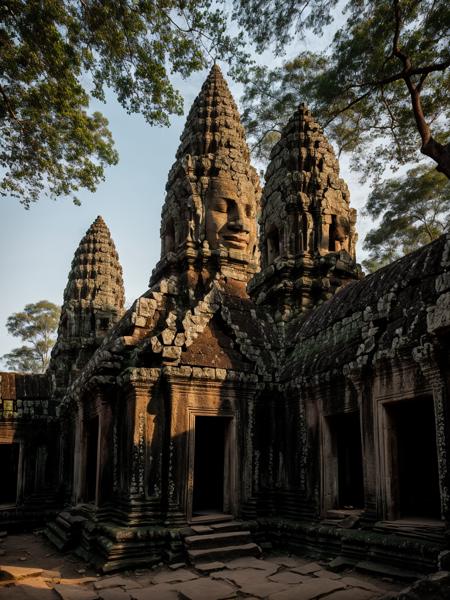 langscape of angkorwat at dawn, monk, ruins, temple, statue, most, tree, root, stone, epic, dim light <lora:ARWangkorwat:1>, <lora:add_detail:0.5>