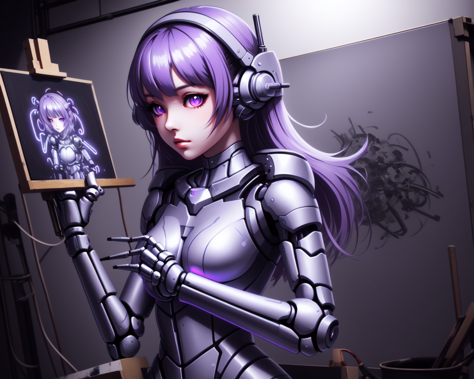 <lora:artist_hands_v2:0.5>, detailed purple cyberpunk android girl shaped illustration, holding paintbrush, painting (acti...