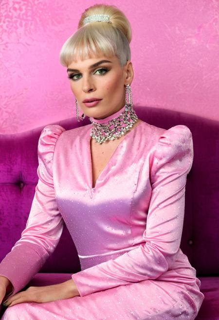 tgbody,
1boy,
A highly detailed best quality photography from the (year 2136:1.5) shows Cecilia, a pale skinned (mature) crossdresser in a contemporary bar room. He leans lasciviously on a stylish chaise longue, half sitting, half lying down and looks at the viewer with a demeaning and arrogant smile on his face. 
The androgynous face of the transgender Sissy with (wide-set) wide open green eyes, (long crucked nose), dimples, (freckles:1.6), (wide lower jaw) and an (underbite) is (odd) but tells the interesting story of his live. The aged skin is wrinkled and shows agespots.  The long white hair with (pink highlights) and blunt bangs is tied in a high ponytail. He has a masculine (flat chest:1.8). A heavy collar choker adornes the neck. He wears precious jewelry, Creole earrings and bangle bracelets. He wears a stunning and extravagant (futuristc style evening dress:1.5). The futuristic style decadent and furnished room is painted in changing purple to pink and silver colors. Futuristic wall lights create an intimate, subtle lighting atmosphere.