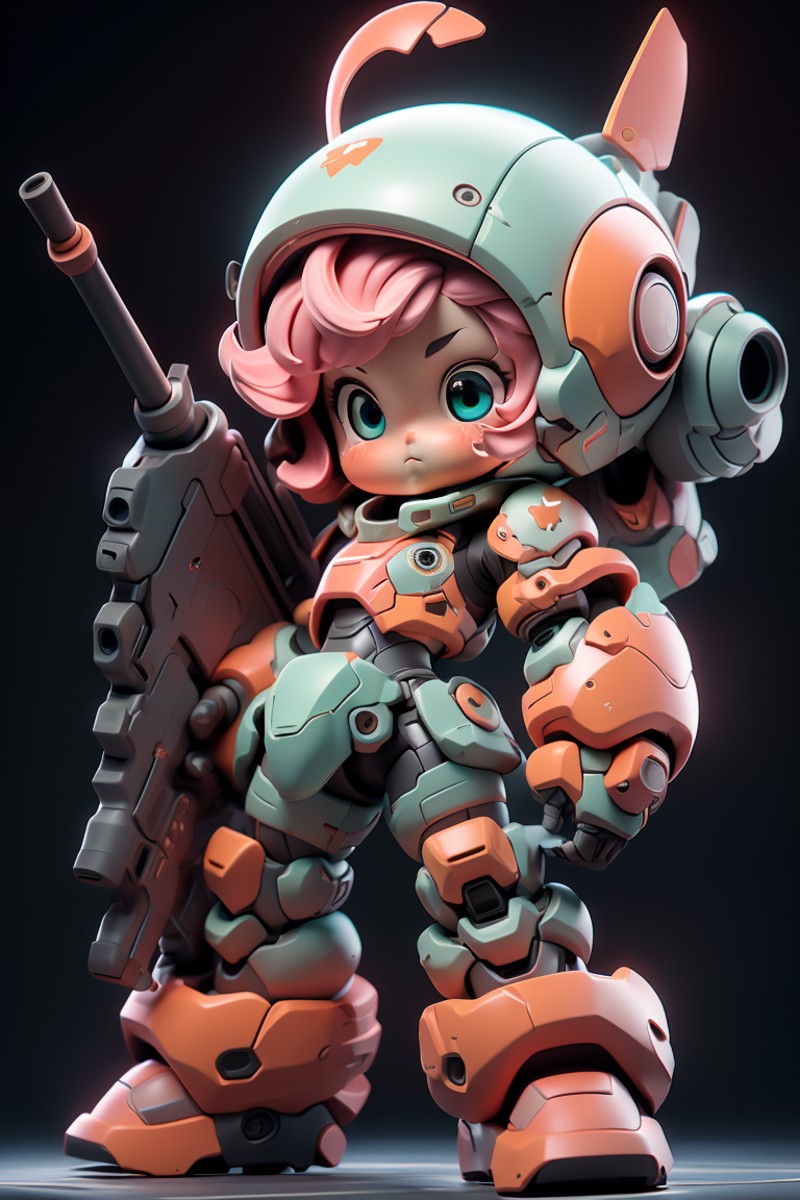 BJ_Cute_Mech,1girl,solo,blush,blue_eyes,holding,closed_mouth,standing,full_body,weapon,pink_hair,chibi,holding_weapon,armo...