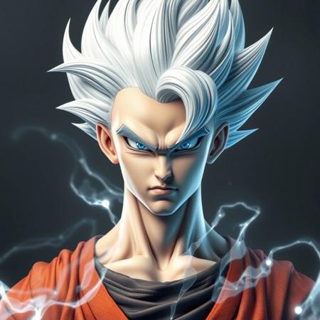 A realistic lifelike full body portrait of Goku in ultra instinct mode reimagined as a real person.   with silver & white hair, silver aura around his body, intense look