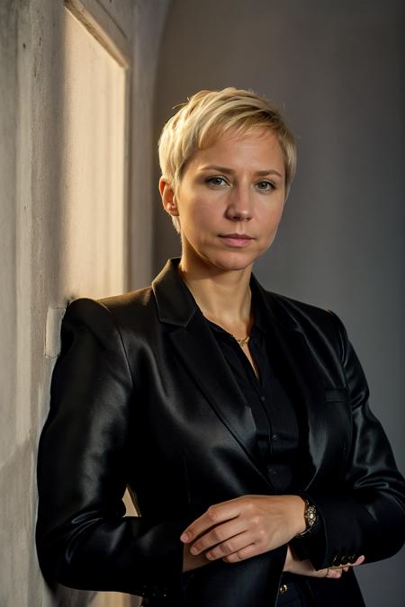 garinagrankova, woman, blonde hair, short hair, portrait, black business jacket, black background, soft light, formal,
highly detailed, realistic,
 <lora:MarinaGrankovaSD:0.9>