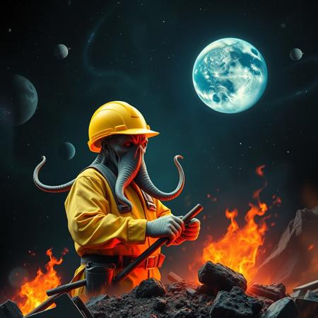 cthulu wearing a yellow hard hat while doing construction work in space, cosmic horror theme, earth on fire,