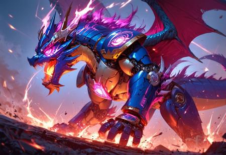score_9, score_8_up, score_7_up,score_6_up, transformers generation 1,robot made of dragon parts,scorn,with gorgeous detailed eyes in the style of precisionism, gaston bussiere, a picture, gray and purple, dragon head on chest, metal trilby, TransformersStyle, ((wide focus)), action pose, lasers, explosions,
