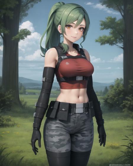 best quality, (masterpiece:1.2), illustration, absurdres,
(1girl),  (solo), (beautiful detailed girl), (cowboy shot:1.1),
<lora:Aida-08:0.8>, green hair, ponytail, orange eyes, medium breasts, (abs:0.8),
red vest, combat vest, bare shoulders, black gloves, grey pants, camouflage, black boots, black gloves,
magical forest, flowers, sky, clouds,
smile, cool, looking at viewer,