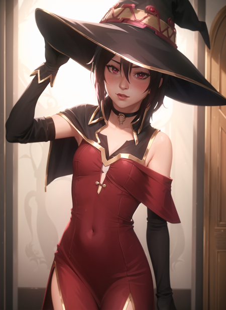 arcane style, megumin, 1girl, bare shoulders, black cape, black gloves, black hair, blush, cape, choker, collarbone, dress, hair between eyes, hat, long sleeves, looking at viewer, medium hair, off-shoulder dress, off shoulder, red dress, red eyes, sidelocks, solo, witch hat, indoors, ((masterpiece)) <lora:arcane_offset:1>