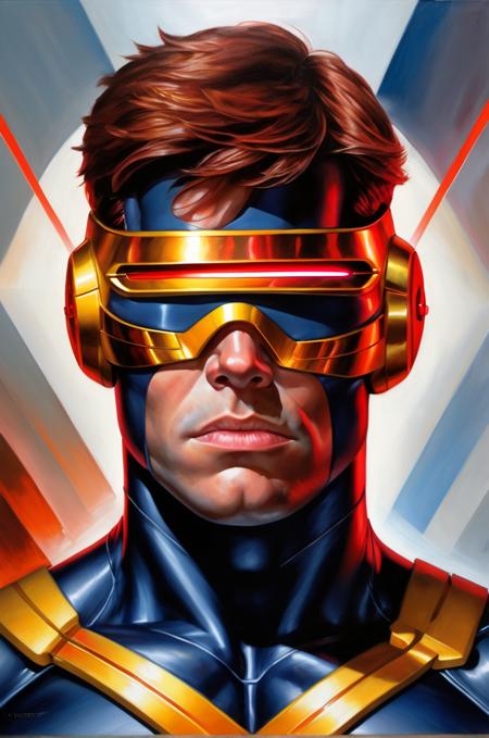  A dramatic portrait of x-men cyclops man, his visor glowing red, reflecting the inner turmoil and leadership qualities, realism, oil painting, highly detailed, 8k