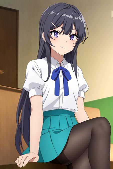 sysdeep_mai, 1girl, solo, long_hair, blue_eyes, black_hair, hair_ornament, sitting, closed_mouth, purple_eyes, white_shirt, short_sleeves, hairclip, puffy_sleeves, indoors, from_below, puffy_short_sleeves, black_pantyhose, crossed_arms, crossed_legs, blue_ribbon, green_skirt