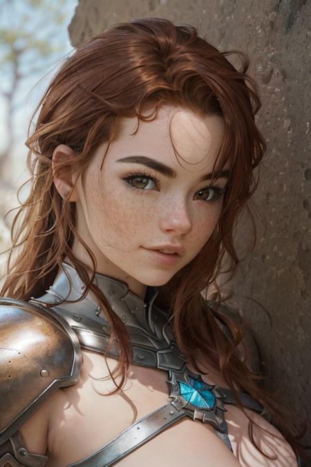 portrait, head shot, modelshoot style, looking at viewer, eye contact, SabLynn, 1girl, woman, freckles, long hair, parted lips, medium breasts, low cut armor, ranger, dnd, fantasy, detailed eyes, high contrast, realistic, 3d, unreal engine, warm lighting, masterpiece, best quality <lora:sabrina_lynn_v1:1>