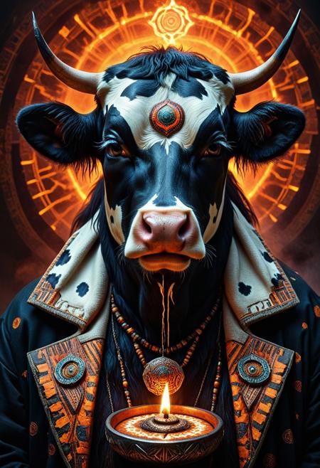 Stable_Yogis_Anatomy_Positives_V1, Stable_Yogis_Realism_Positives_V1, Stable_Yogis_General_Positives_V1, realistic, realism, a cinematic photo of a shamanic cow, adrr-shmn, jewelry, facepaint. performing a dark shamanic ritual, clear focus, high resolution image, cinematic lighting, dramatic shadows, masterpiece, best quality, very aesthetic, 4k, highly detailed, sharp focus, dynamic lighting, flux-style,